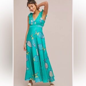 Anthropologie Anupamaa Summer School 100% Silk Fish Green Maxi Dress 14 NWT X